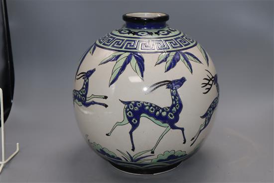 A Keralouve Art Deco style pottery vase decorated with leaping antelope, height 30cm